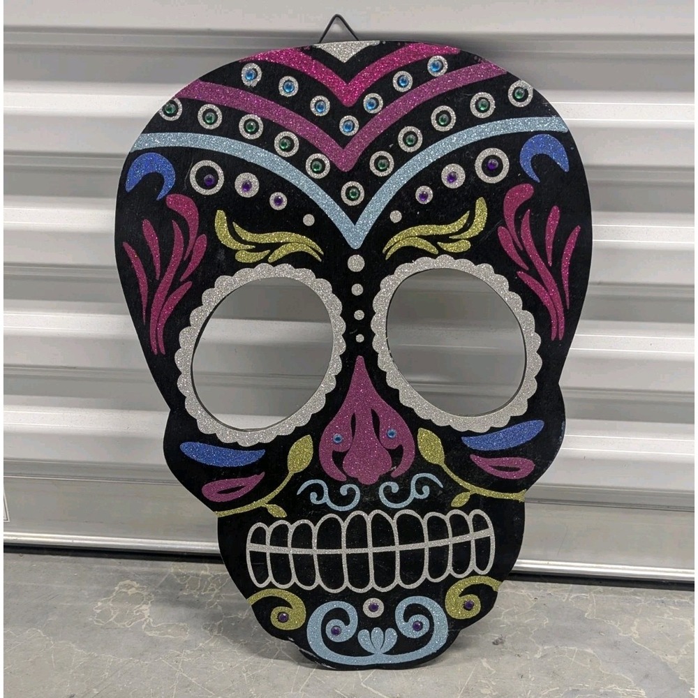 Day of the Dead Sugar Skull Wall Decor Glitter Wooden Hanging Mask 17x13 Goth